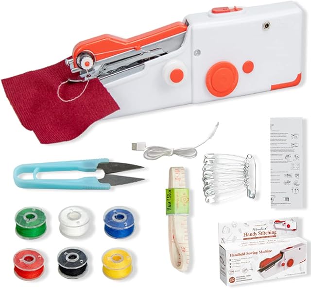 Handheld Sewing Machine, Mini Handy Portable Cordless Sewing Machine Electric Repairing Stitch Tool for Fabric DIY Kids Pet Clothing Curtain Home Travel Use (Orange)