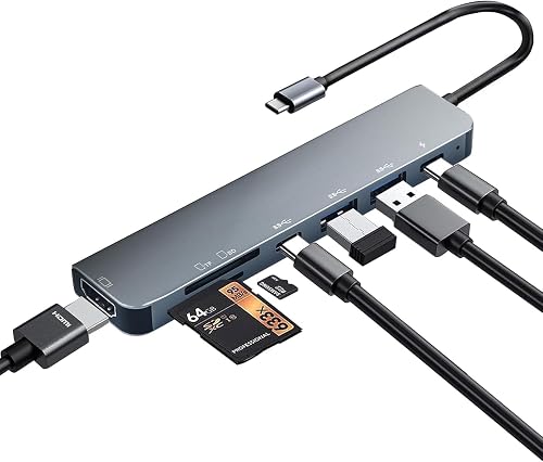 [NVMT] 7-in-1 USB C Hub, Aluminium Grey Multi-Port Adapter with HDMI, Fast Charging, USB 3.0, Data Transfer, Compatible with MacBook Pro/Air, XPS, Surface
