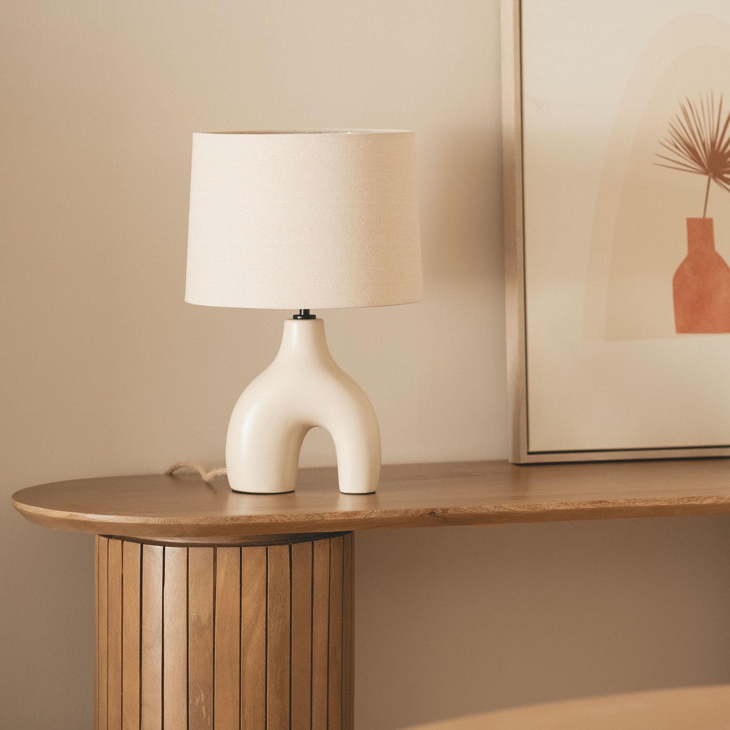 LEDKIA LIGHTING Lámpara de Mesa Cerámica y Lino Ginger Beige