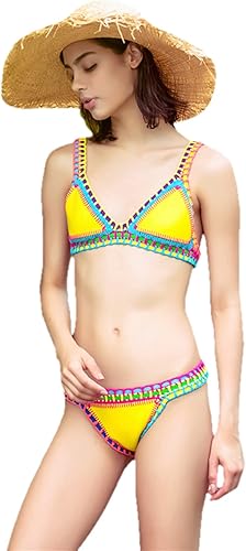 AIBEARTY Conjunto de traje de baño de dos piezas para mujer, bikini de ganchillo tejido a mano, sexy, estilo bohemio, triángulo, bañador de baño