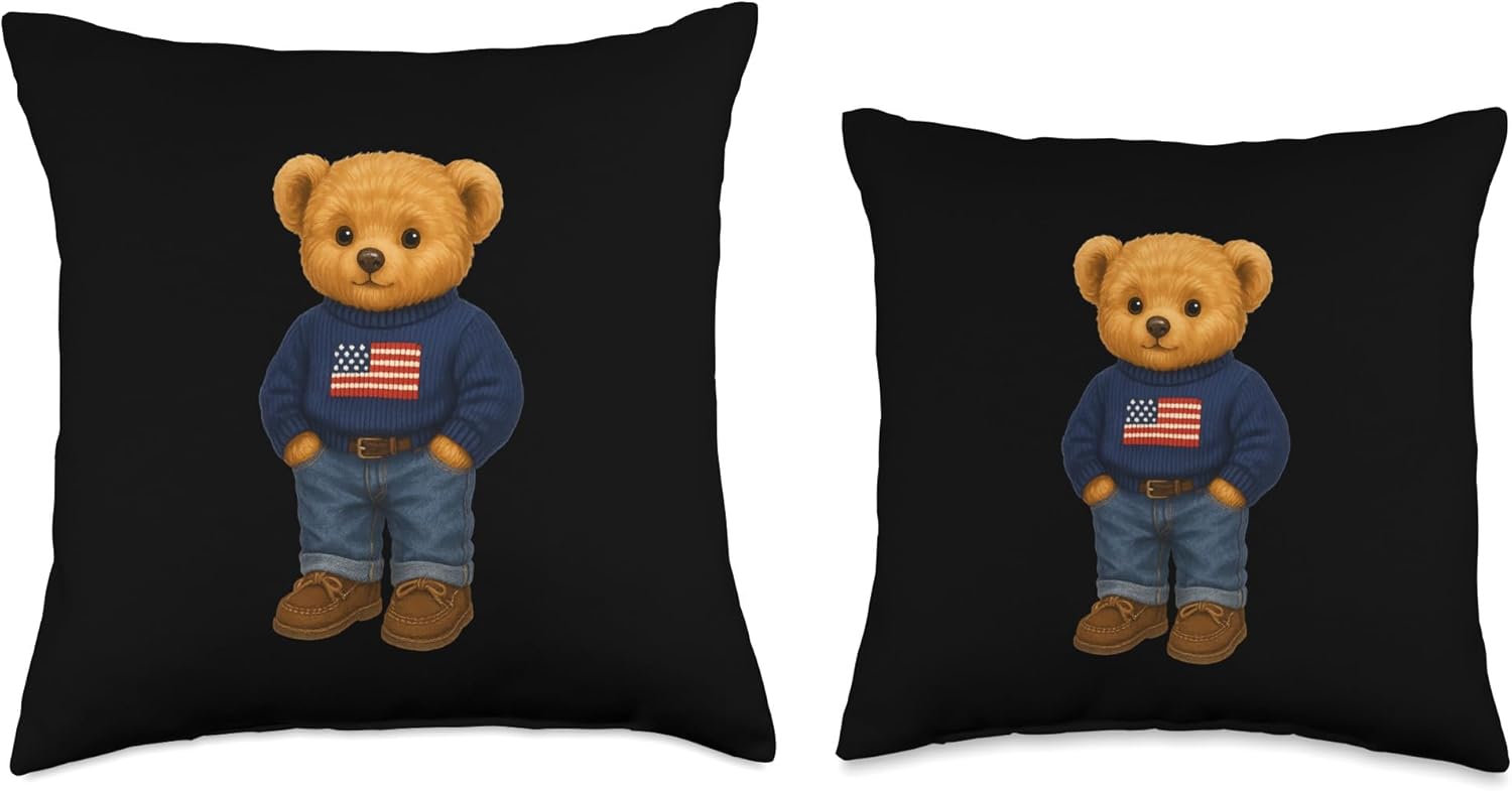 Cool American USA Teddy Bear Illustration Graphic Designs Throw Pillow