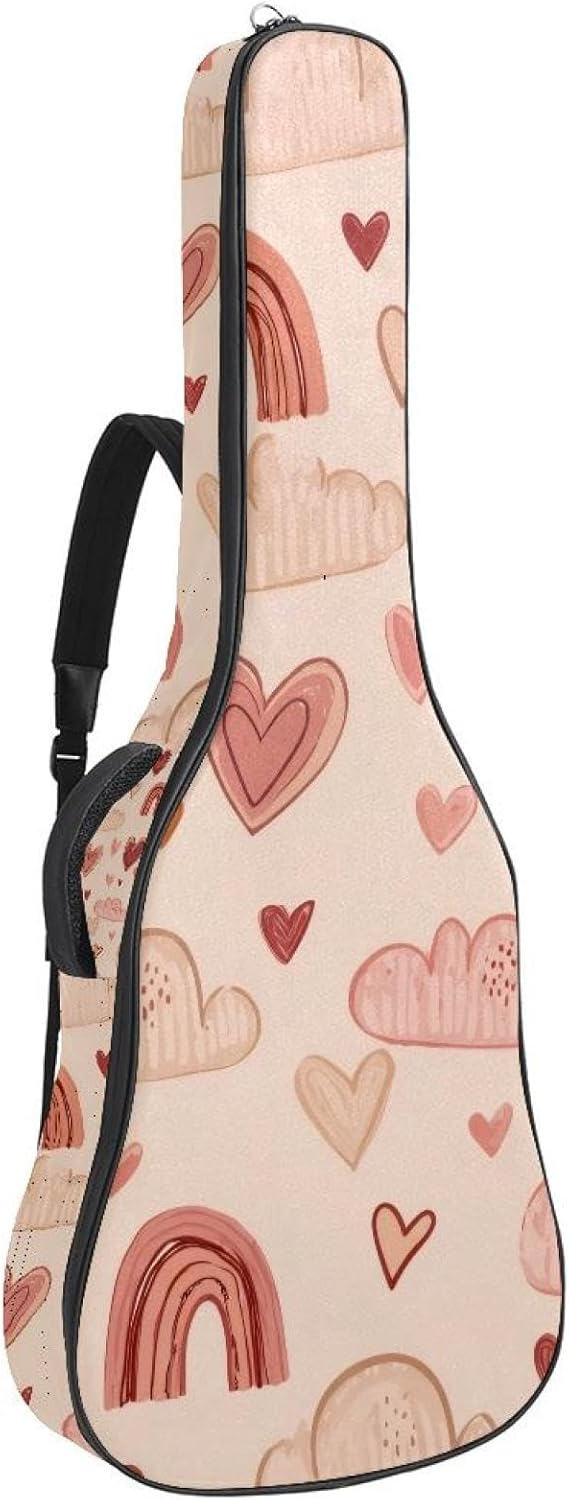 Cute Hearts and Rainbows in Pink and Beige Tones Acoustic Guitar Gig Bag, 1 cm Thick Padding Waterproof Guitar Bag Backpack for 40 41 42 Inch Electric Bass Classical Guitars