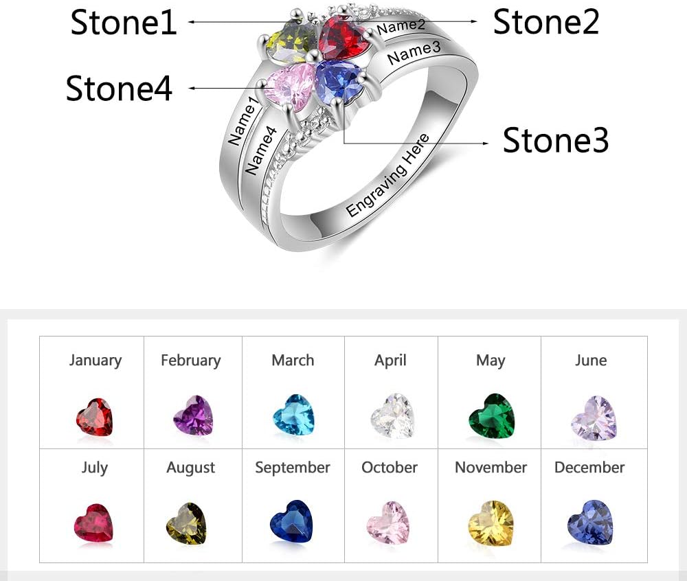 Love Jewelry Personalized Sterling Silver Mothers Rings with 4 Heart Simulated Birthstones Family Names Mom Rings Anniversary Mothers Day Rings for Women (7)