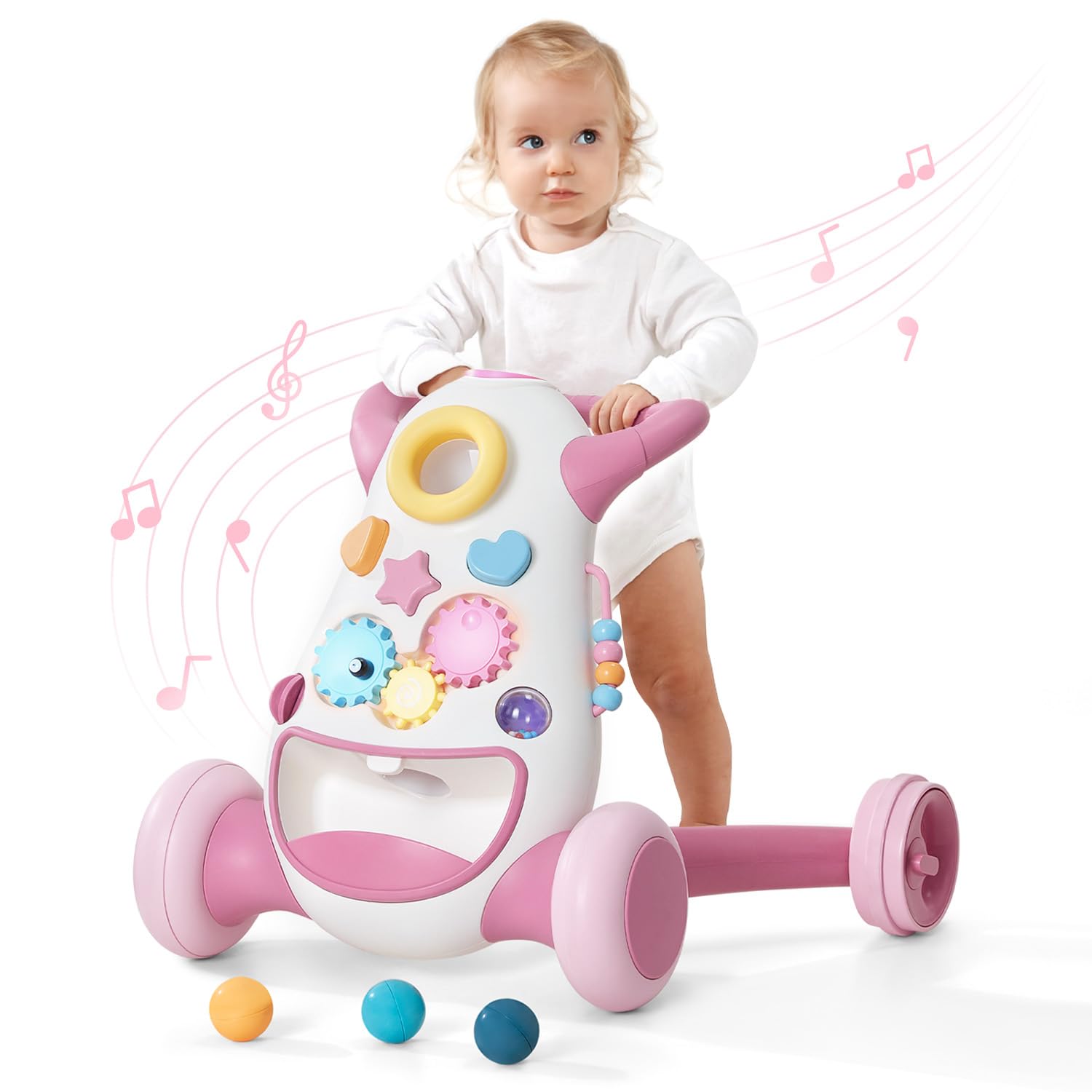 küb montessori baby walker - interactive push toy for toddlers learning to walk with soft music & lights, adjustable speed & non-slip wheels, educational activity center pink