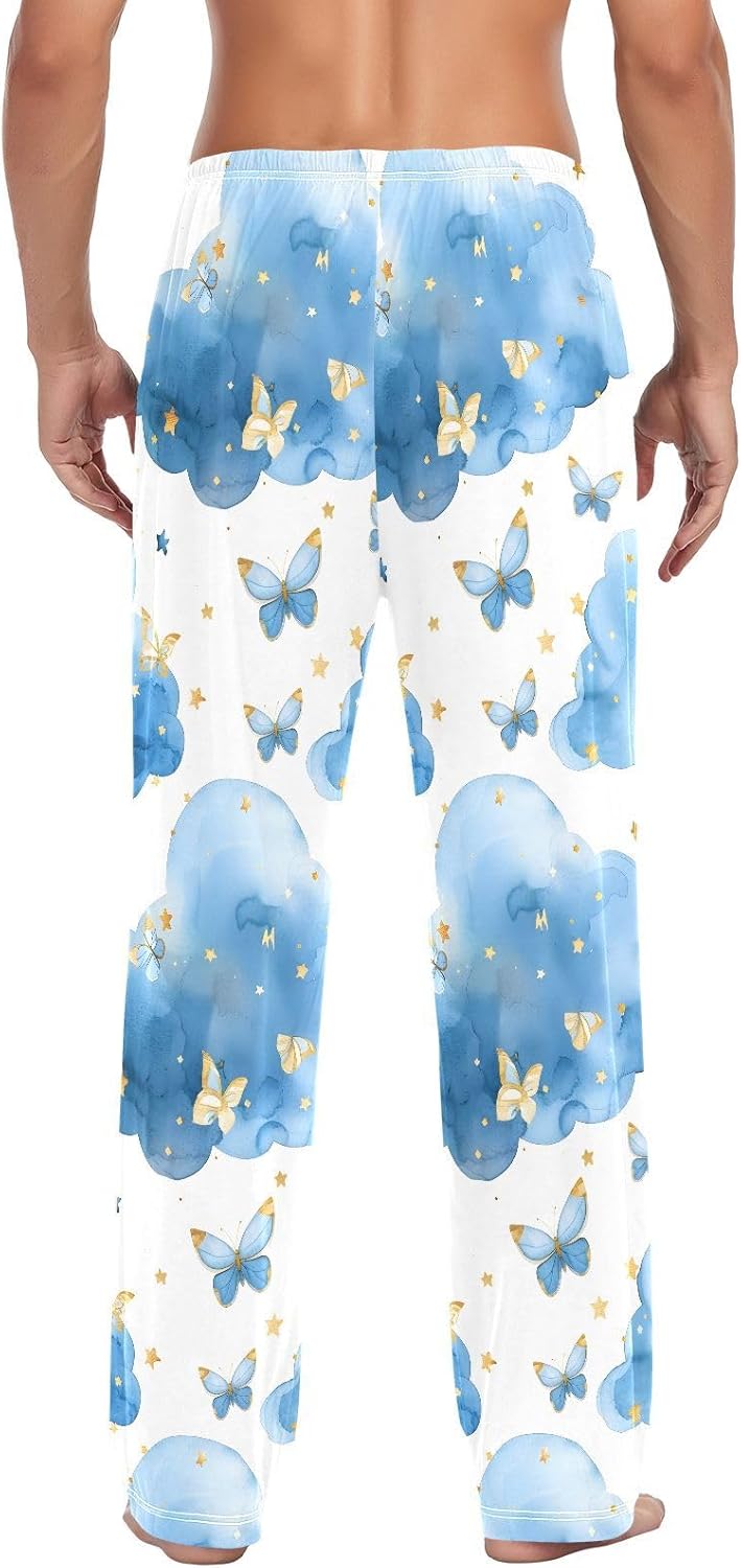ALAZA Butterfly Stars Watercolor Men's Pajama Pants Men Cotton Pajama Bottoms with Pockets, S