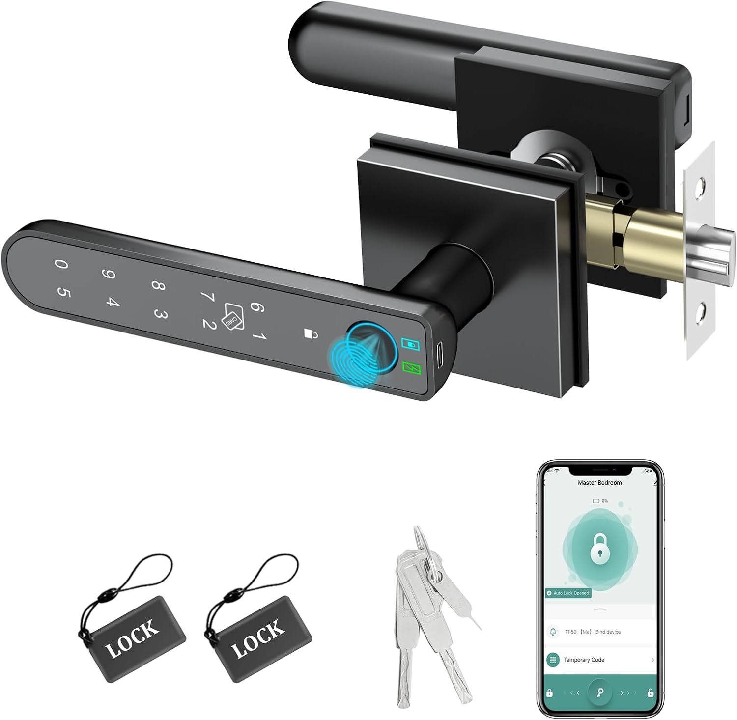 Foxgard Smart Fingerprint Door Lock:Fingerprint Door Knob-Biometric 5-in-1 Finger Print Door Lock-Thumb Print Door Knob for Bedroom-APP Control-Easy Installation–Square Black–1 Pack