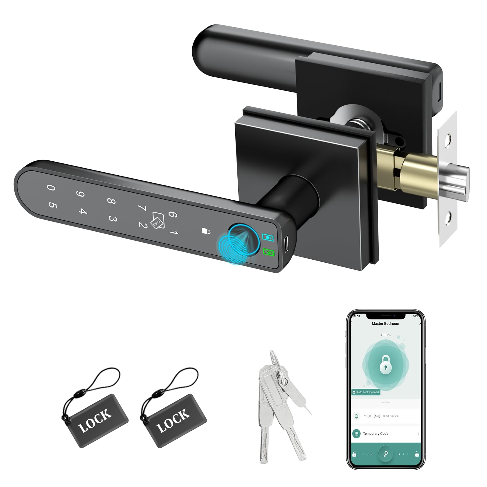 Foxgard Smart Fingerprint Door Lock:Fingerprint Door Knob-Biometric 5-in-1 Finger Print Door Lock-Thumb Print Door Knob for Bedroom-APP Control-Easy Installation–Square Black–1 Pack