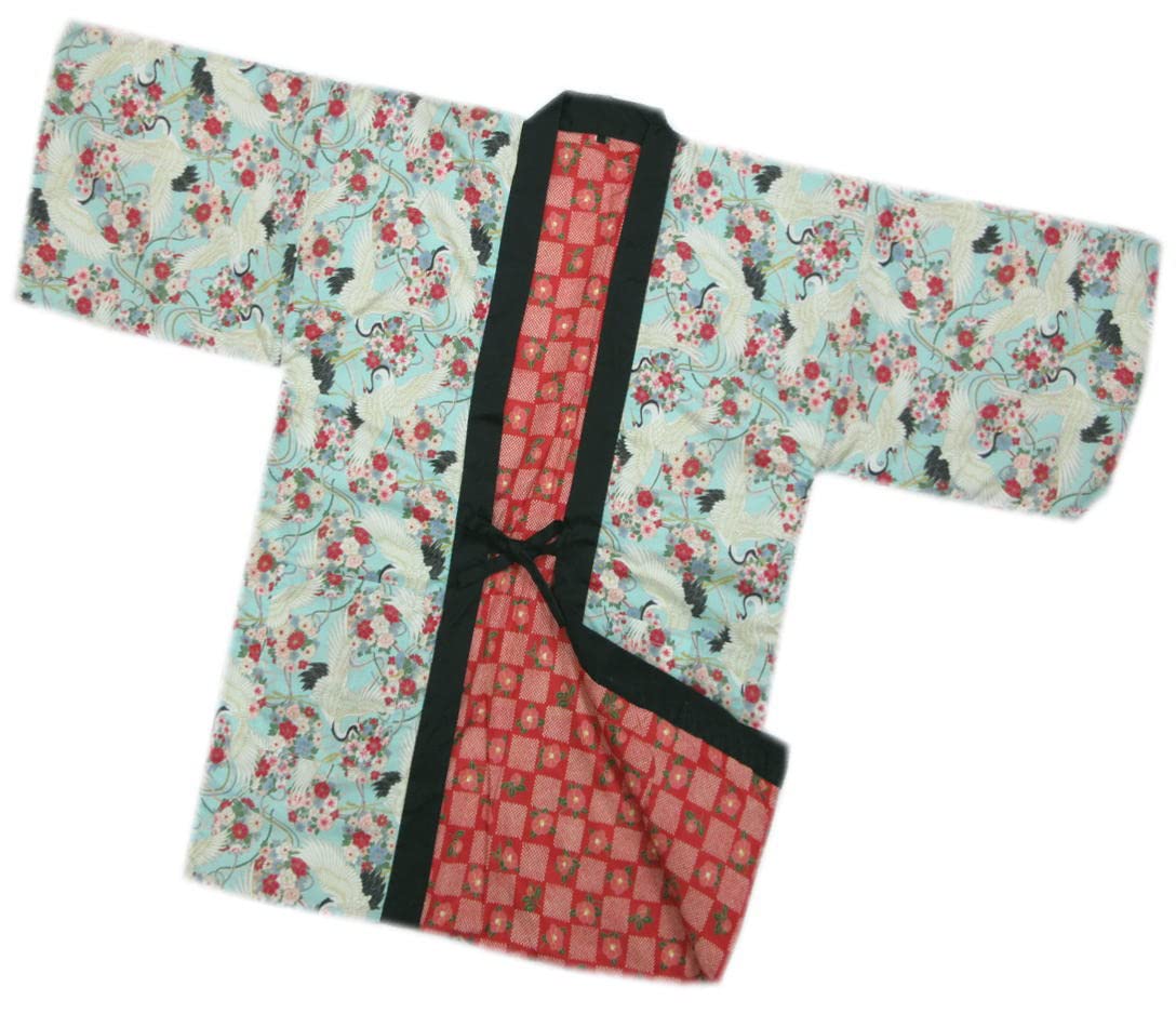 Amazon | 半天 袢纏 はんてん 女性用 和柄 リバーシブル 綿入 水色地鶴