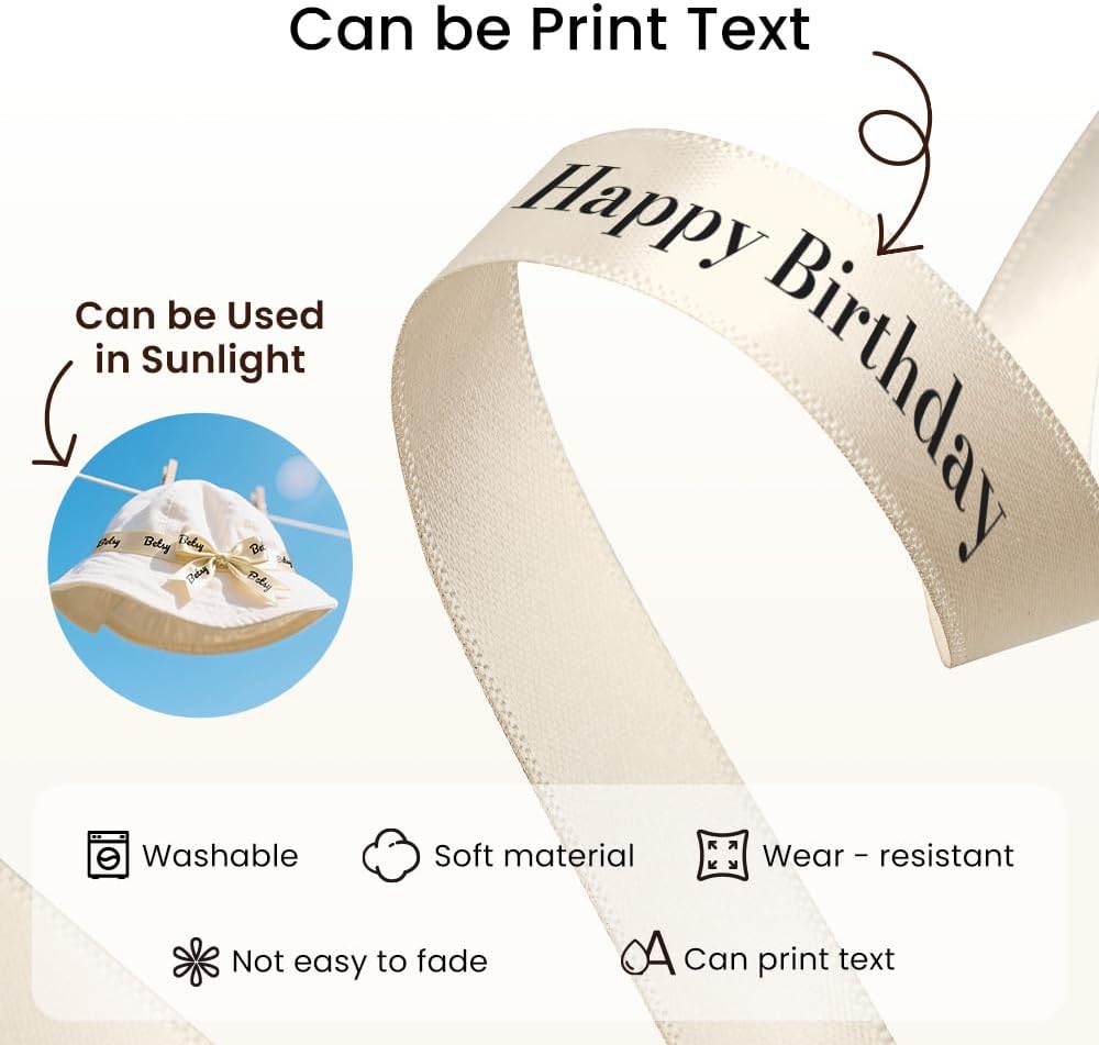 Phomemo A30 P15 Exclusive Embellish Black Print on Beige Satin Ribbon, Fabric Ribbons for Gift Wrapping, Wedding Bouquets, DIY Crafts, Valentine's Day, Party Decor, 12mm x 5m, 2 Packs - Image 5