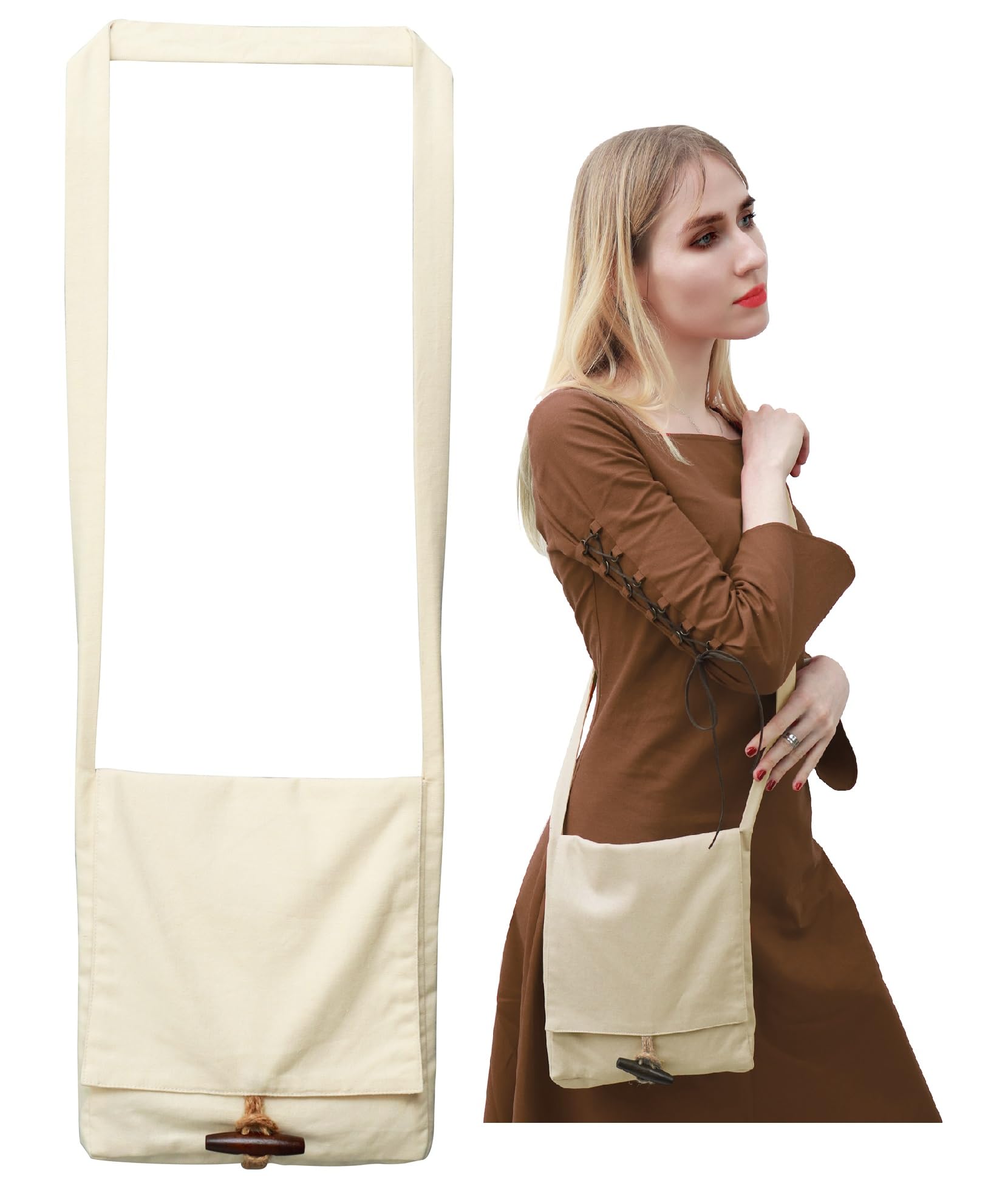 FURPHI Medieval Canvas Shoulder Bag Small Large Pilgrim Pouch Bag with Horn Button(Natural)