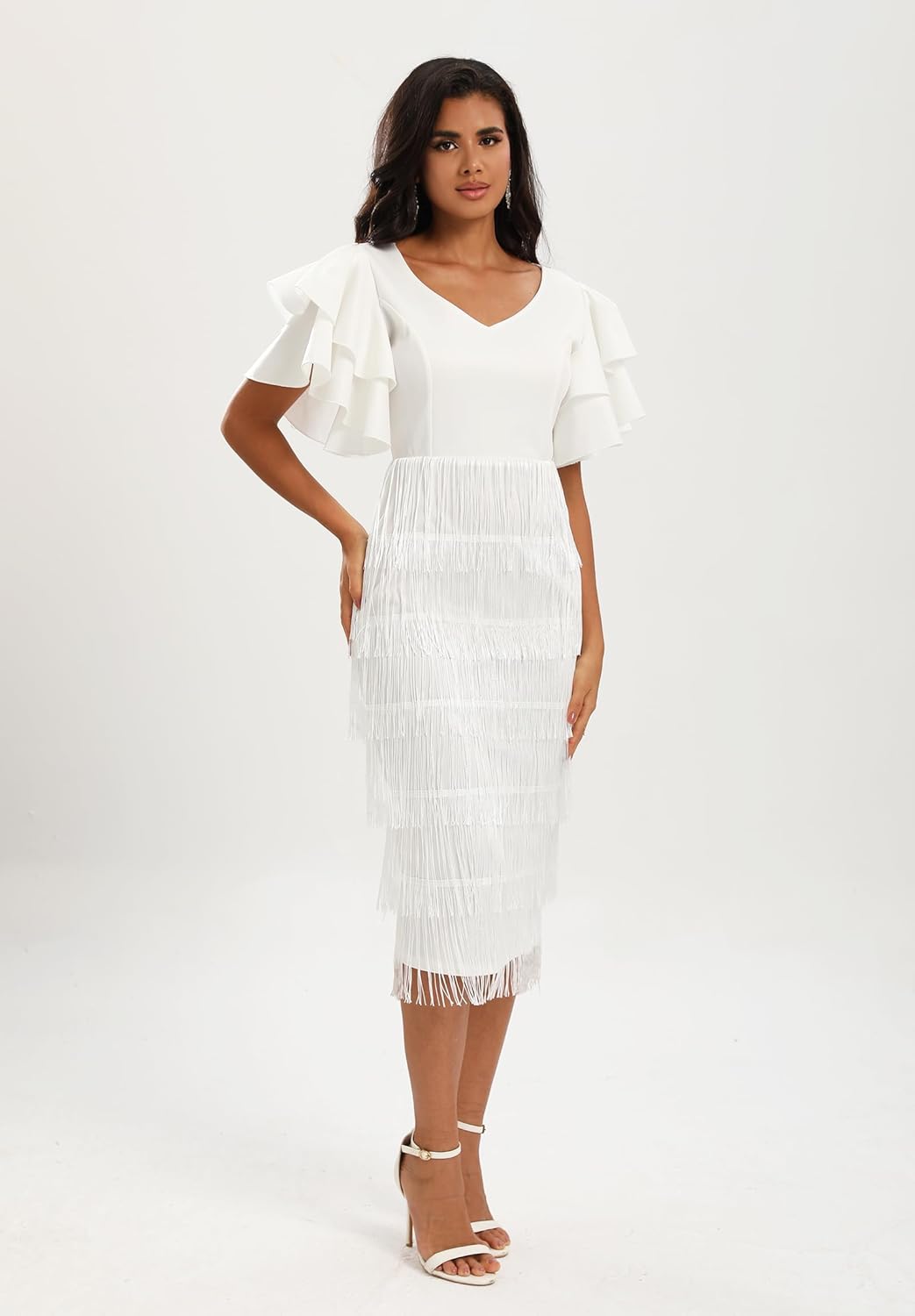 VERWIN Women's Fringe Maxi Dress High Waist V Neck Tiered Tassels Dress Ruffles Sleeve Bodycon Prom Dress - Image 3