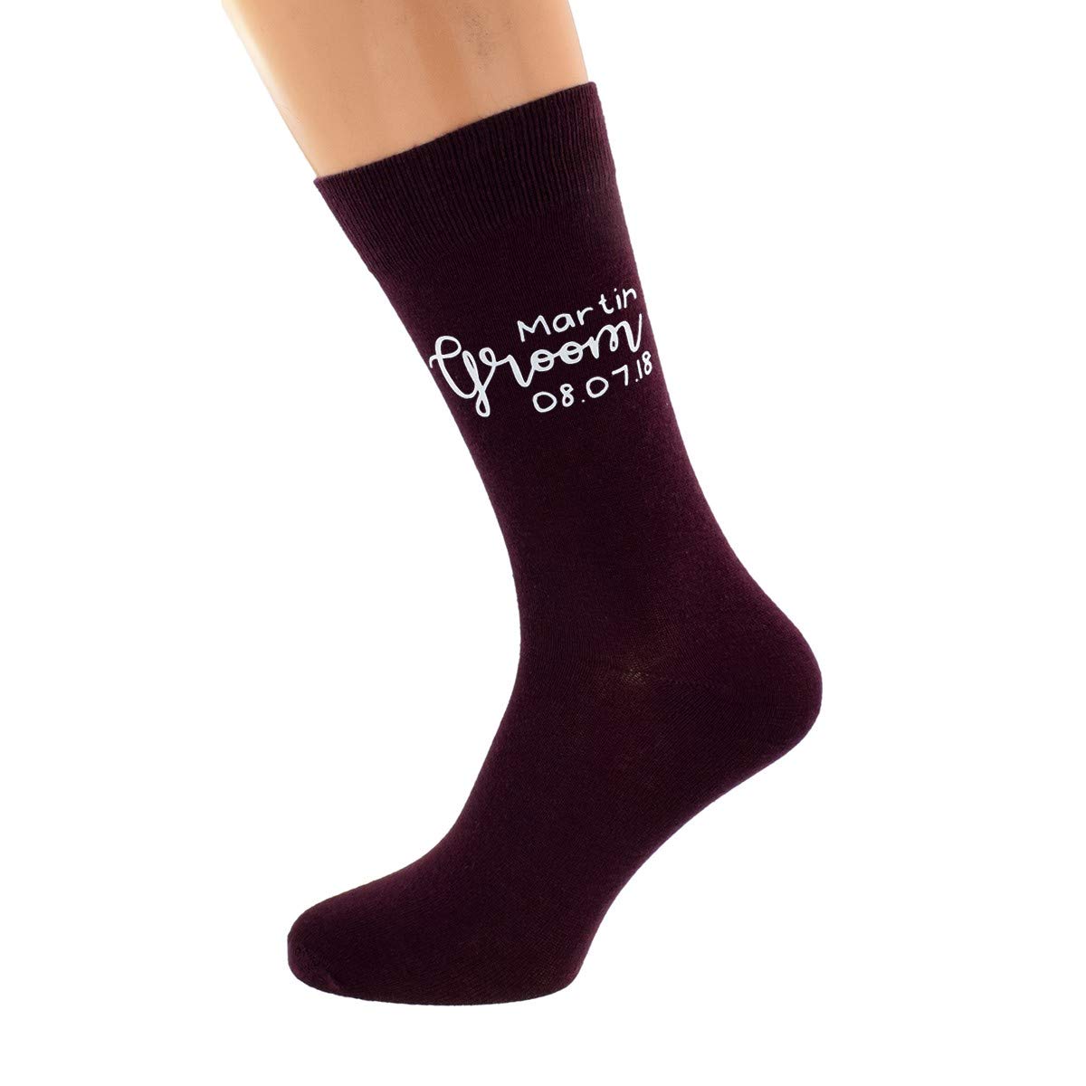 Gtr-Prestige Giftware Burgundy Personalised Wedding Script Groom Design With First Name And Date Socks Uk Size 5-12