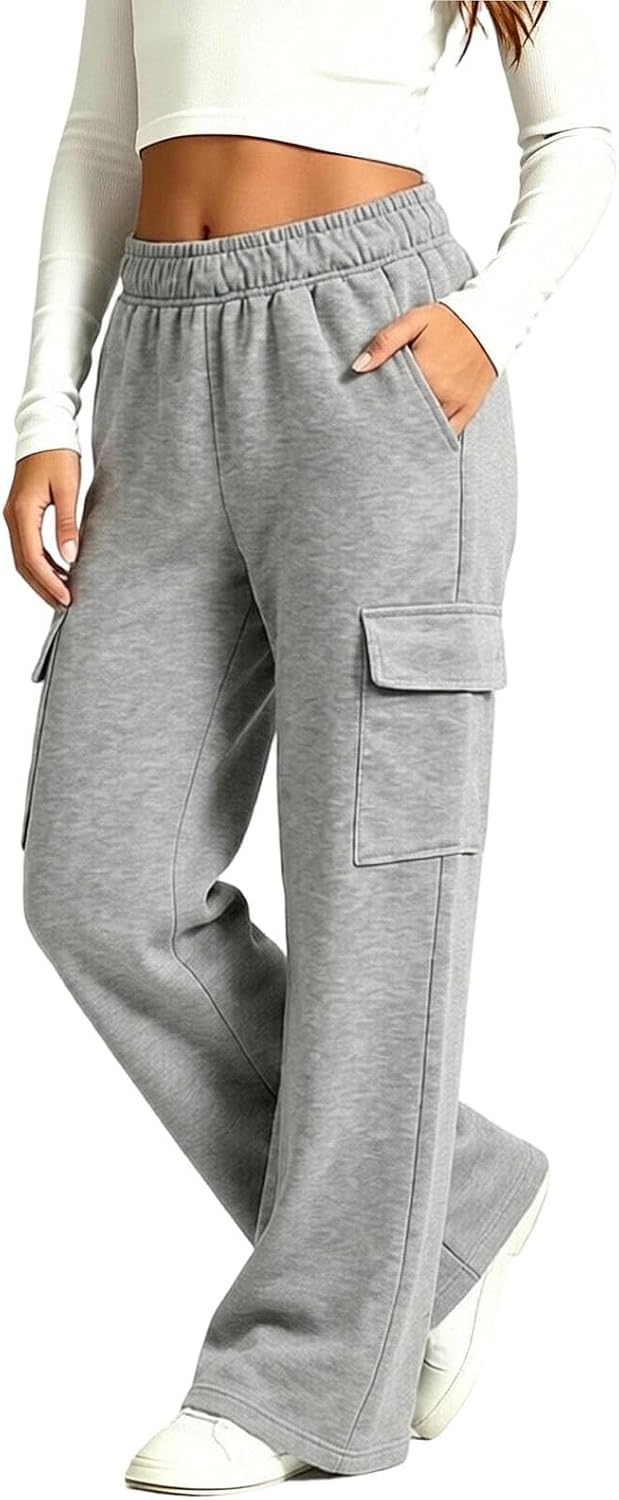 Girl Cargo Sweatpants High Waisted Wide Leg Pants with Pockets | Girl's Cargo Sweatpants High Waisted Wide Leg Pants With Flap Pockets For Travel Campus And Fall Winter Outfits
