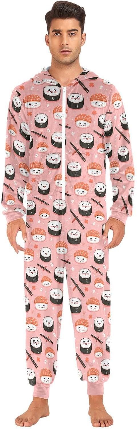 ZZKKO Kawaii Sushi Pink Adult Onesie Pajamas for Women Men Cozy One Piece Pajamas Costume Zip-Up Hooded S-XL