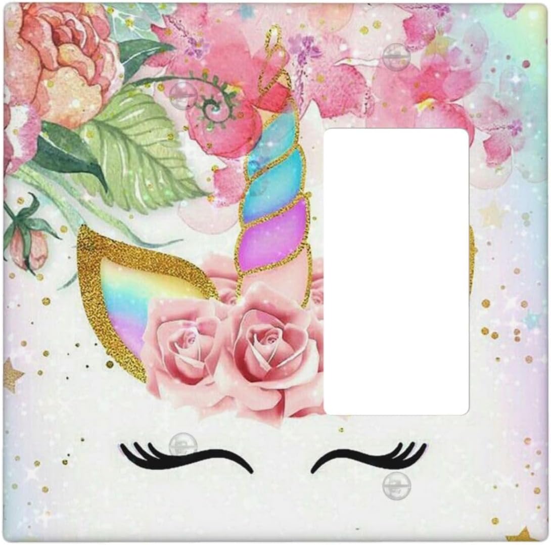 Unicorn Combination Blank/Rocker Light Switch Cover Decorative 2 Gang Wall Plate Plastic Bedroom Living Cute Decor Electrical Faceplate 4.5 X 4.6 In Pink