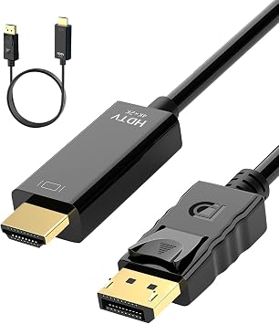 4K Displayport to HDMI Cable 1.8M 4k@30Hz 2k@60Hz 1080p Full HD Gold-Plated Uni-Direction DP 1.2 to HDMI 1.4 Cables Lead Male to Male Multi-Screen Compatible with Monitor, Projector, HDTV, Laptop