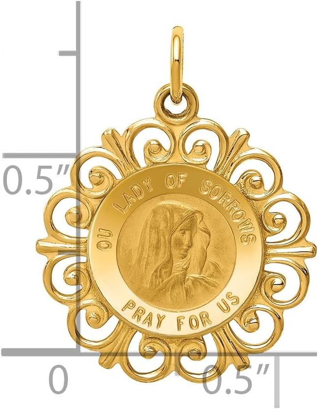 14k Yellow Gold Our Lady of Sorrows Pendant with Filigree Border, Mary Pray for Us Religious Medal, Catholic Necklace for Women, Virgin Mary Medallion, Christian Faith Jewelry, Gold Charm - Image 3