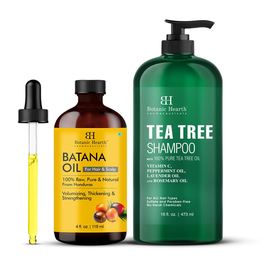 Botanic Hearth Hair Growth Combo – Raw Batana Oil (Dr Sebi Inspired) for Thickness & Strength + Tea Tree Shampoo with Vitamin C, Peppermint, Lavender & Rosemary for Dandruff & Dry Scalp