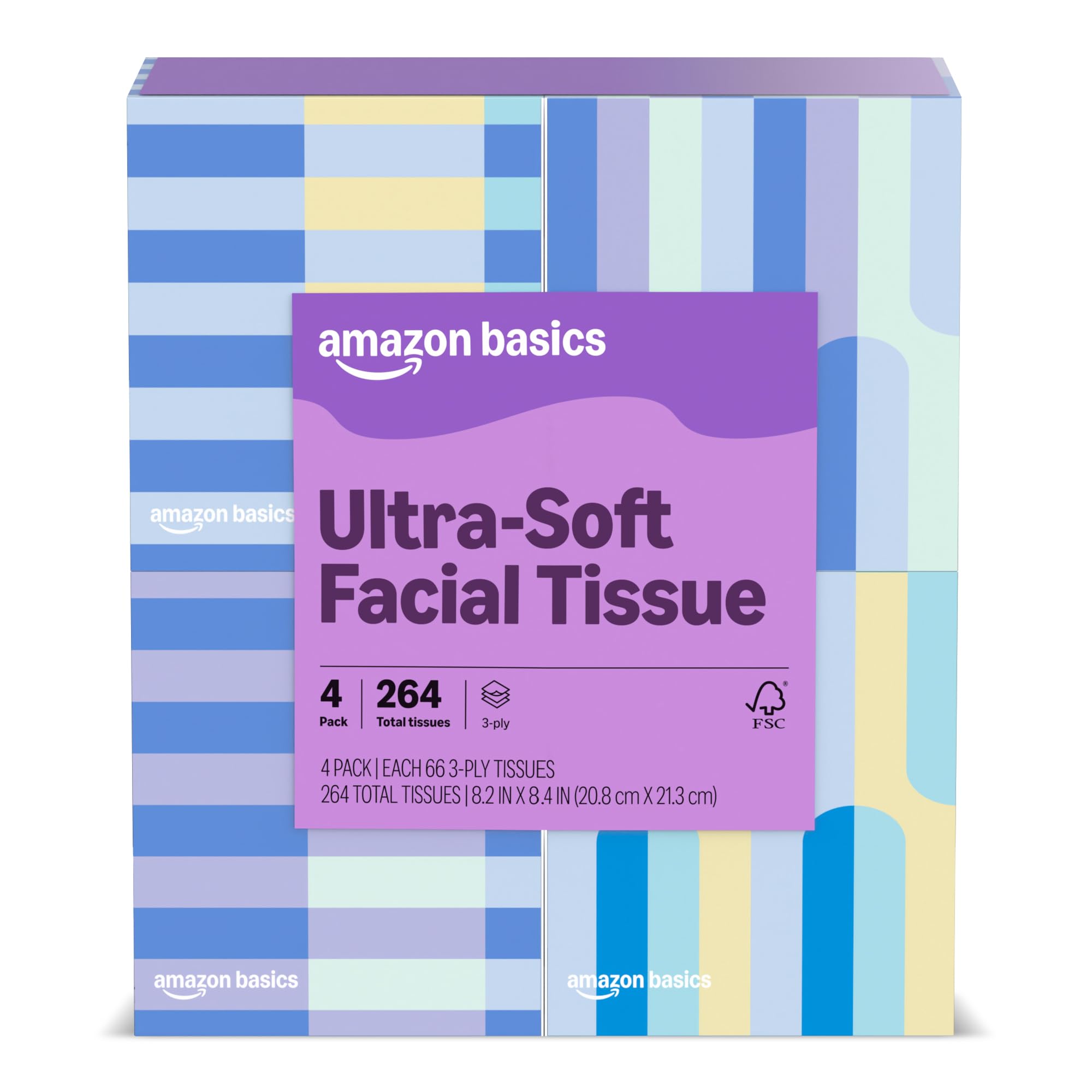 Amazon Basics Ultra-Soft 3-Ply Premium Facial Tissues, 264 Count (4 Cube Boxes of 66)