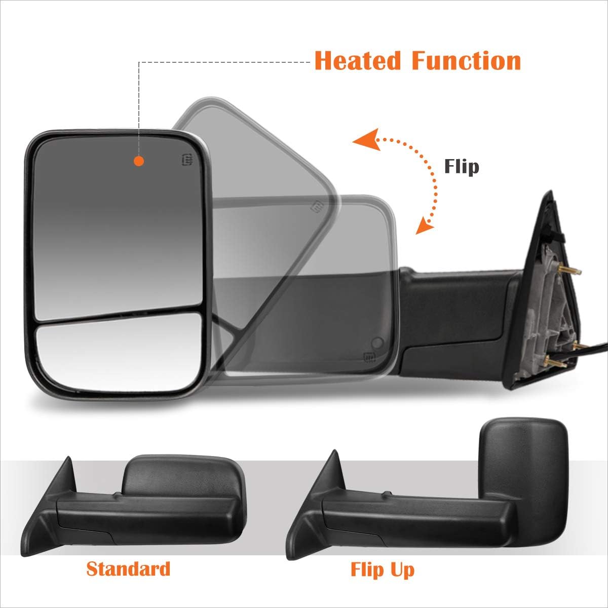[Pair] Power Heated Tow Towing Mirror Side Mirrors Mirrors Compatible with 09-16 Dodge Ram 1500-3500,Black