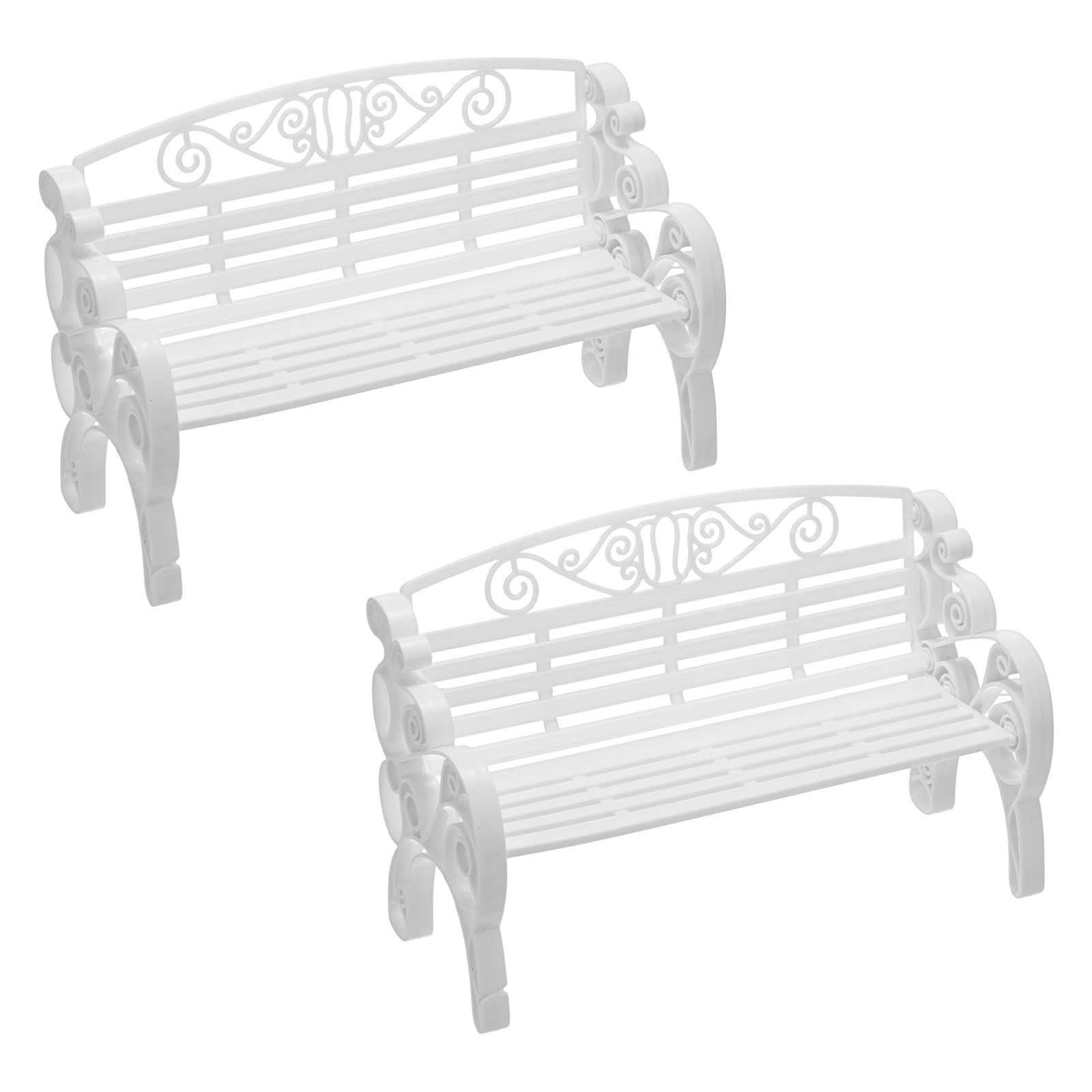 M METERXITY 2-Pack Miniature Park Bench Models, 8.7x3.5x5.5 Inch ABS Mini Garden Chair Furniture for Fairy Garden/DIY Micro Landscaping/Dollhouse, European Style Bench Toys [White]