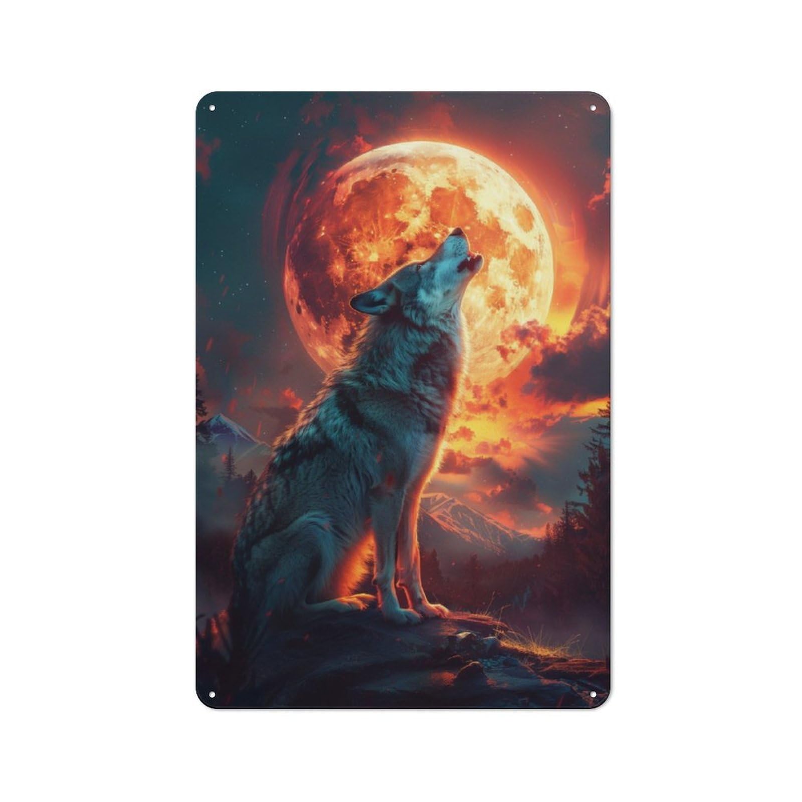 Junmoney Wolf Howling At The Moon Printed Metal Sign 30X20cm For Home Bar Wall, With Clear Vintage Wall Decor Character