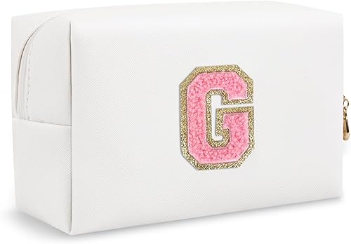 Miniatura 8 de Bolsa de maquillaje preppy inicial personalizada Pequeña bolsa de carta de chenilla de viaje linda, blanco-1
