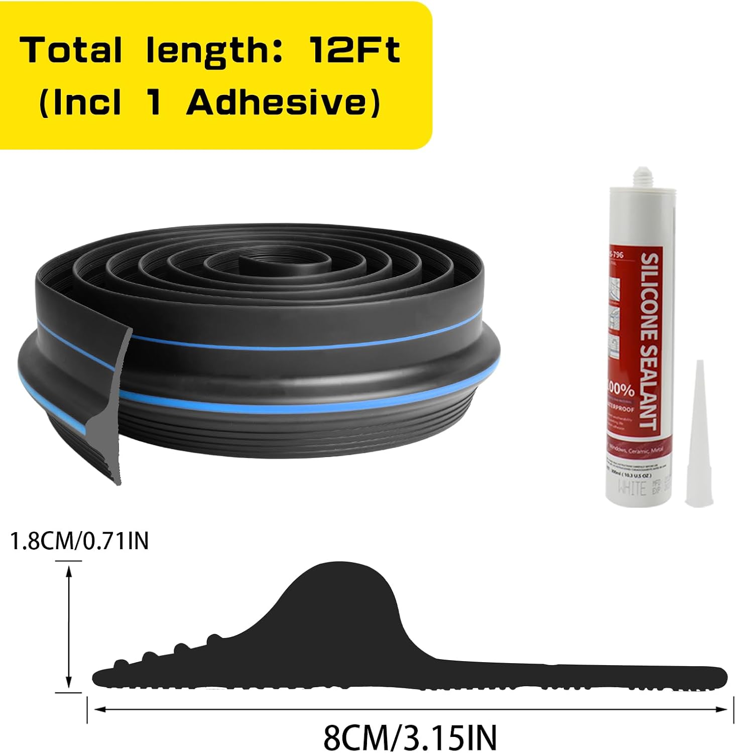 12 FT Universal Garage Door Threshold Seal Strip with Adhesive/Sealants, Flexible and Waterproof Bottom Rubber Weather Stripping Replacement （Blue, 1 Adhesvies）