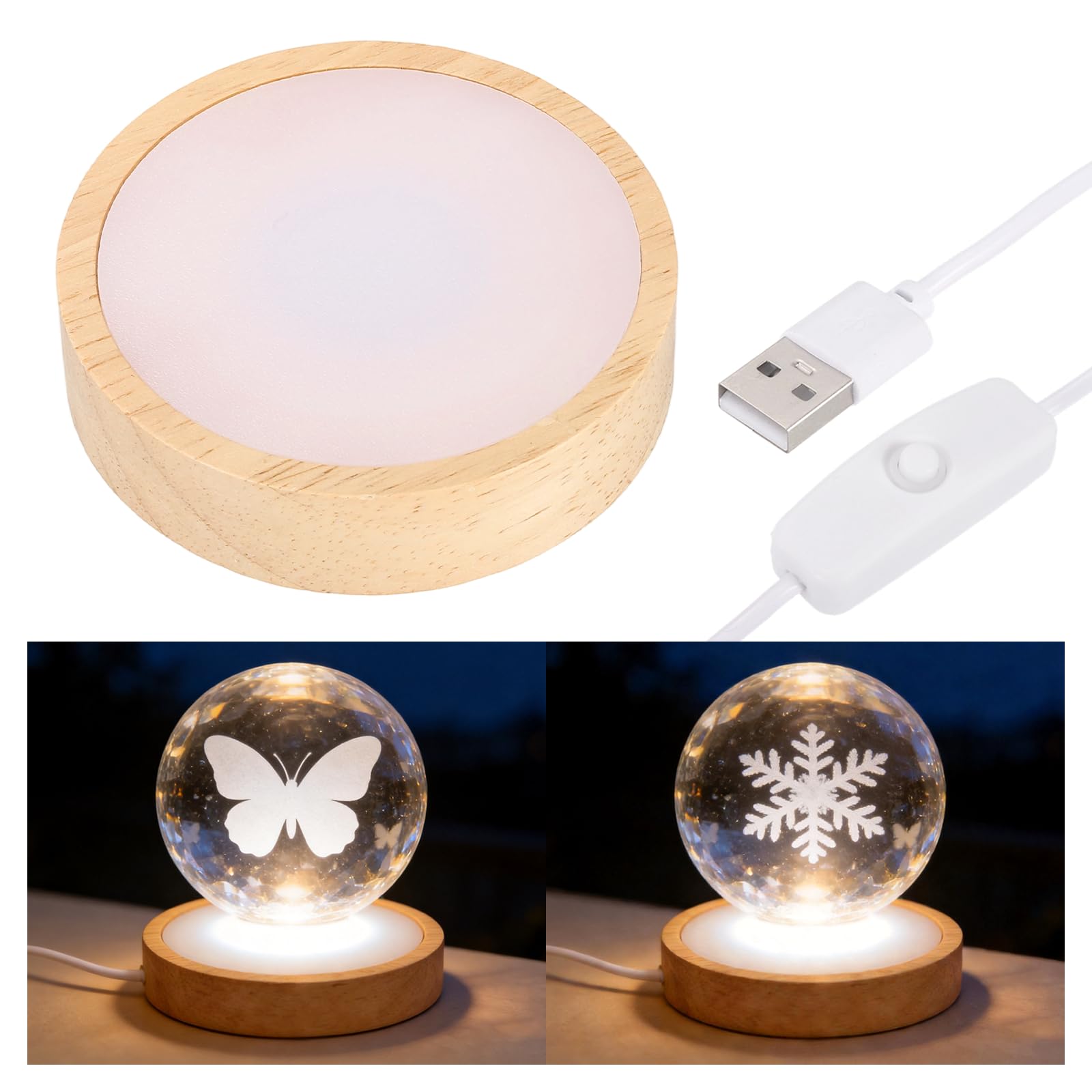 PATIKIL Wood LED Light Base 10 cm LED Light Stand Lighted Round Crystal Display Base for 3D Glass Art/Acrylic Art Resin Crafts Light Display Stand Room Home Decor, Warm