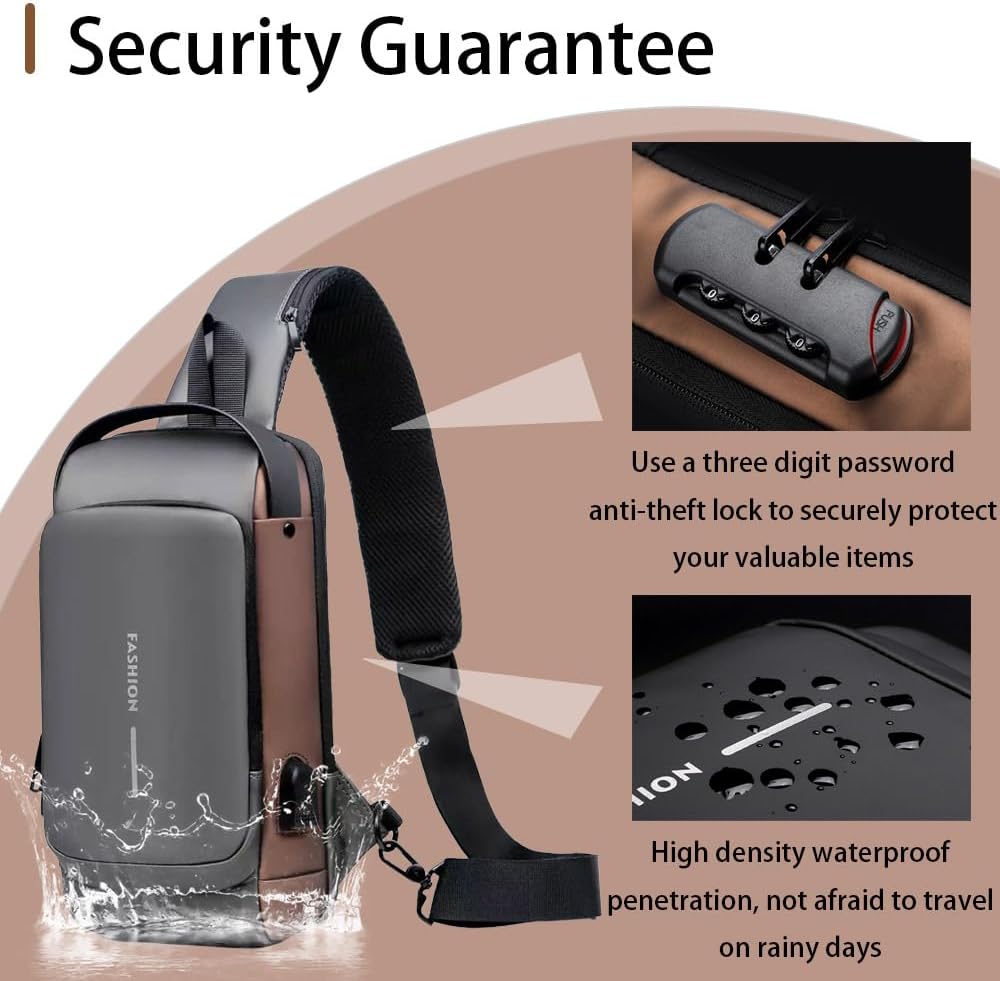 Travel Sling Bag Waterproof Crossbody Bag with Combination Lock Anti-Theft PU Leather Chest Bag - Image 6