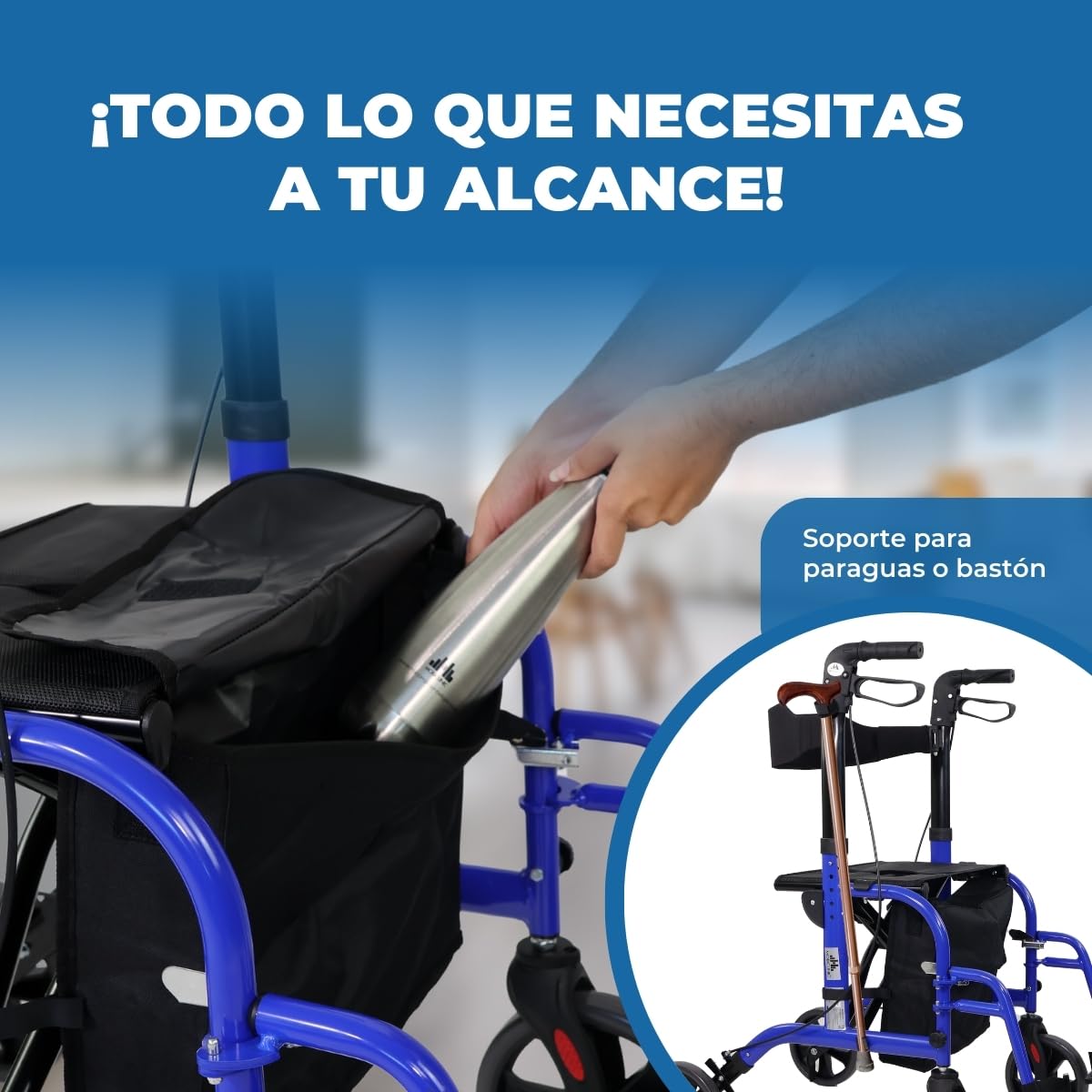 Mobiclinic, Modelo picasso, Andador para mayores, Minusválidos, Adultos o ancianos, Rollator, Caminador, Aluminio, Ligero, Plegable, Con asiento y 4 ruedas, Azul