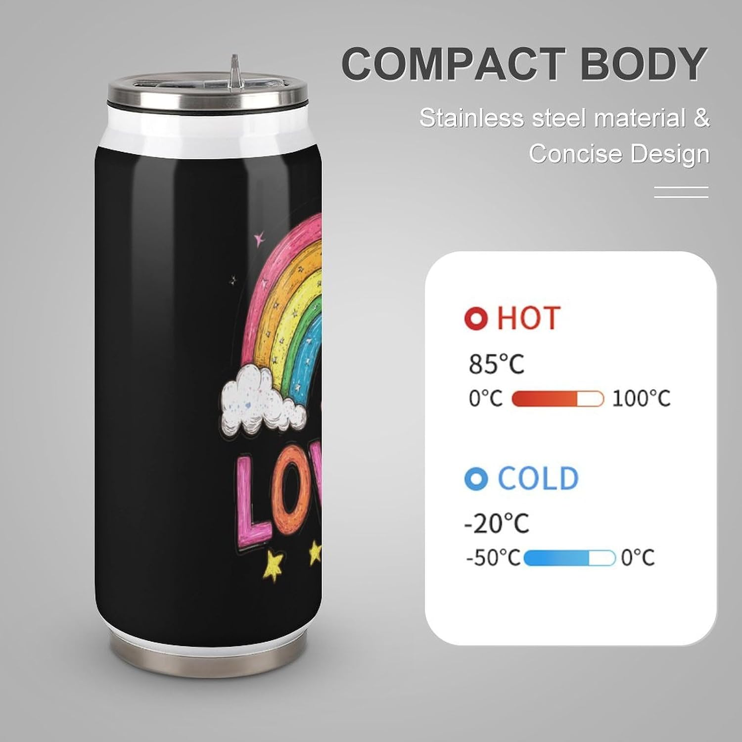 Love Is Love Rainbows Portable Cola Can Shaped Insulated Tumbler with Sippy Cup Lid for Hard Seltzer Beer Drinks