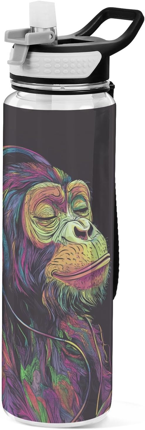 Fustylead Neon Monkey with Headphones Listening To Music 32oz Water Bottle with Straw, Leakproof Clear Sport Water Bottles for Gym Camping Hiking Travel