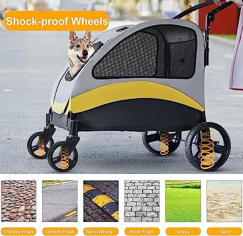 BingoPaw Schwerlast Hundewagen große Hunde: klappbar Hundebuggy bis 42kg, Hundekinderwagen mit 4 Rädern, 3 Netzfenstern, Verstellbarer Griff