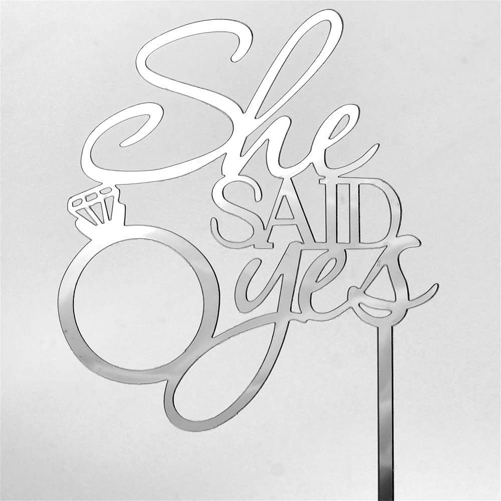 She Said Yes Silver Acrylic Engagement Ring Wedding Day Cake Topper Silhouette
