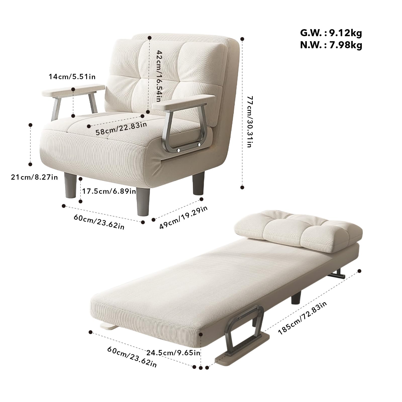 Fabulcozy - Calentador de Sofá Cama, Sillón Convertible de 1 Plaza, Gran Comodidad Desmontable con Cojín, Apoyabrazos de Metal y Patas (Blanco Roto)