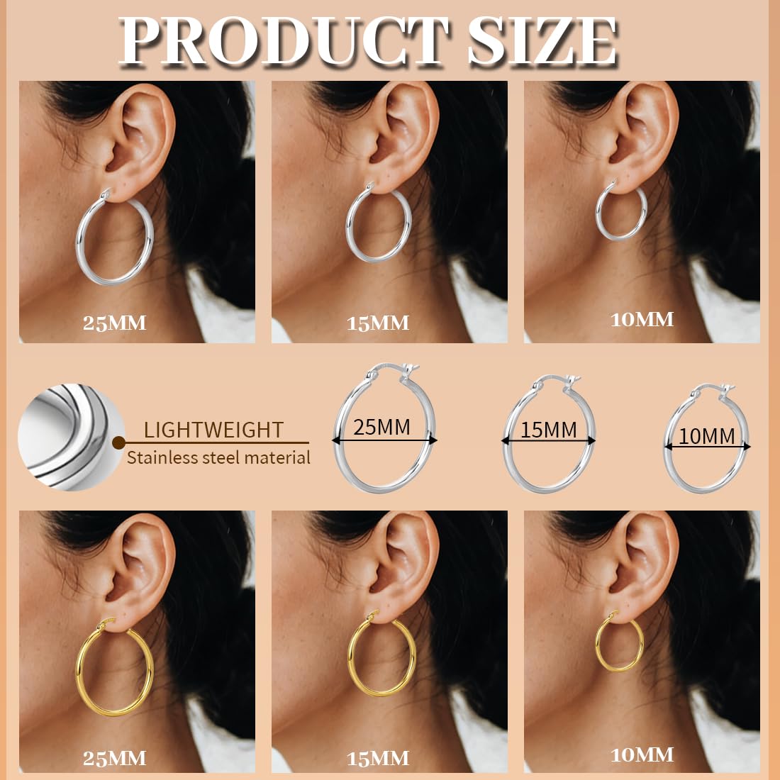 Aros de Acero Inoxidable Hipoalergénicos - 6 Pares Plata/Oro, Tallas 10/15/25mm para DIY Joyas
