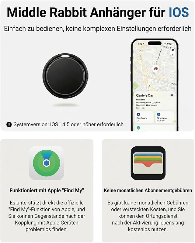 Middle Rabbit GPS nyomkövető Apple iOS-hez, AirTag alternatíva kutyanyakörvre - black