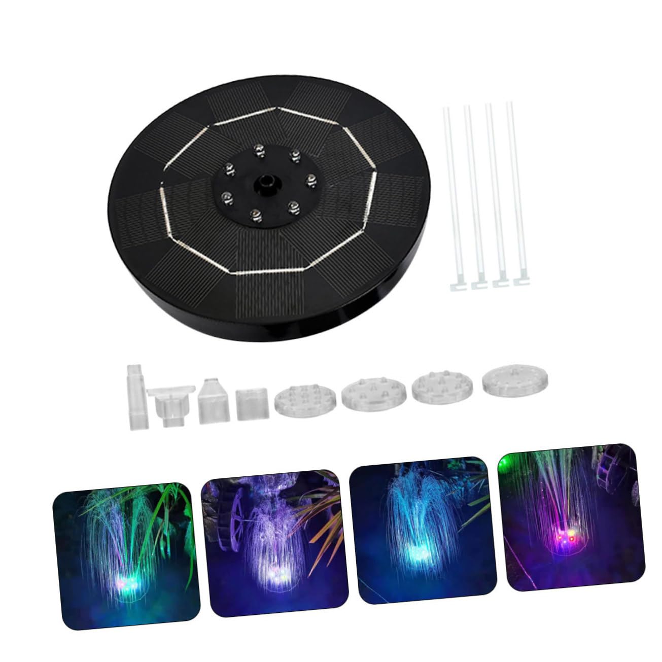 Pompa Fontana Solare 3, 5w LED Colorati per Vasca Uccelli | Nero, Plastico e Pannello Solare, Batteria Ricaricabile 1800mah, Getto Massimo 60cm