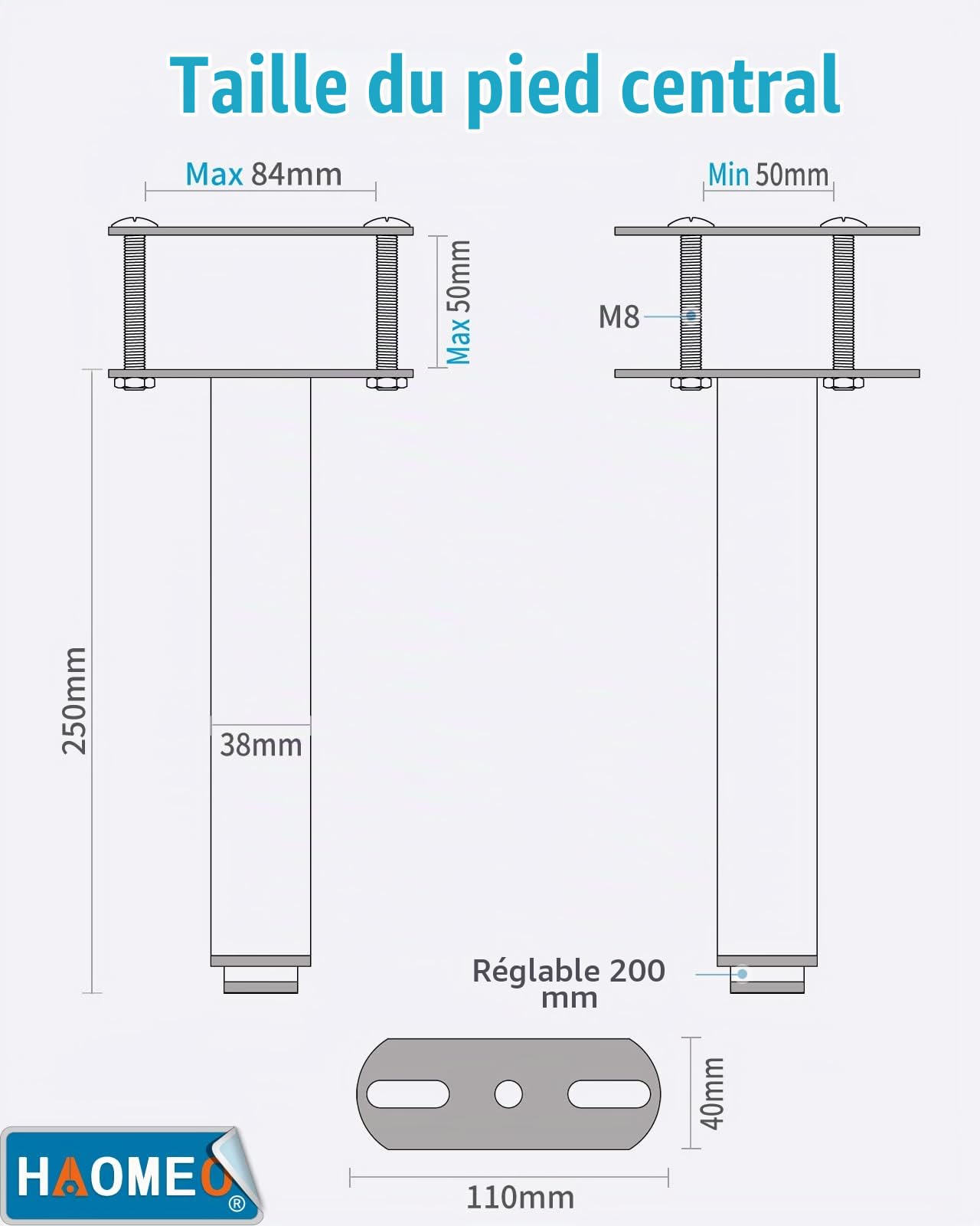 Pied de Lit 30 cm à Visser, Pied Sommier à Lattes Universel, Reglable en Hauteur, Metal, Carré + Rond, Boulons M8, pour le Cadre Métallique d’un Sommier Adulte, Noir, Lot de 5 (4 Latéraux + 1 Central)