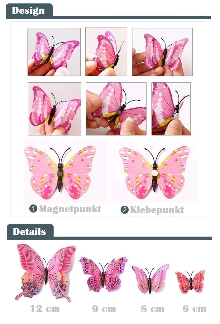Farfalle Decorative 3D Con Magneti - 24 Pezzi Color Giallo E Verde, Per Pareti E Decorazioni