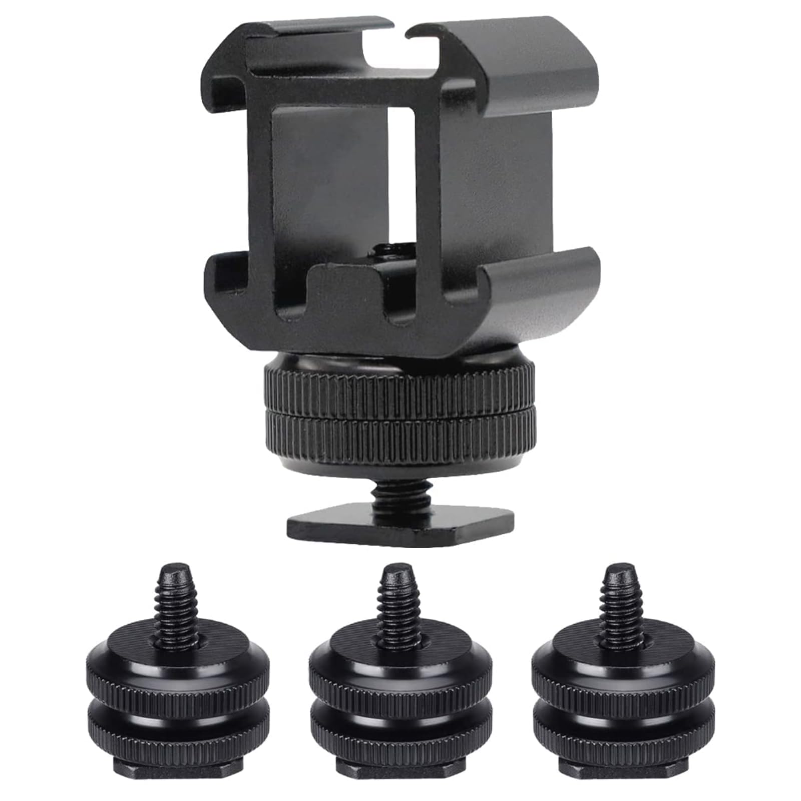 Camera Hot Shoe Extension, 4 PCS Aluminum Extension Bracket with Triple Cold Shoe Mounts, LED Video Light, Microphone, Compatible with DSLR Camera and Camcorder Mounting System