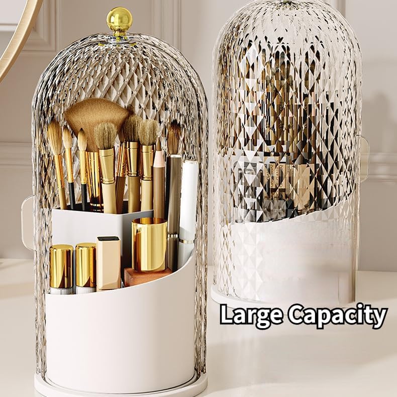 Makeup Brush Holder Organizer with 360° Rotating Lid Dustproof Makeup Brushes Organizer for Vanity Desktop Bathroom Countertop Clear Cover Easy Visibility (White) - Image 6