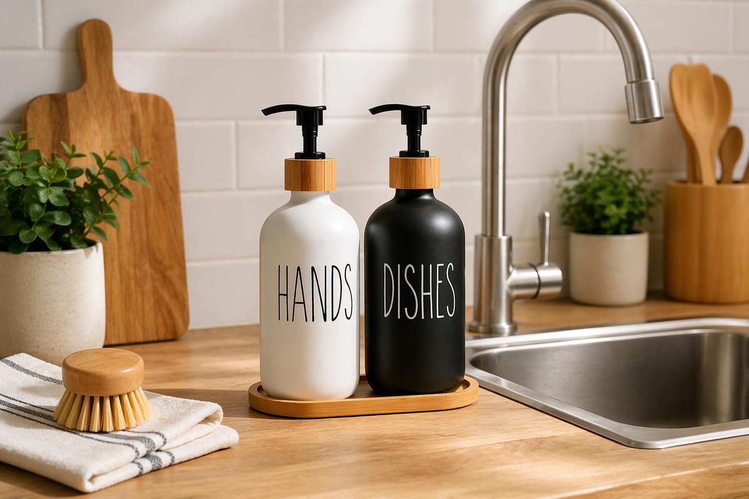 2’li Hands Dishes Siyah Beyaz Cam Sıvı Sabunluk Seti 500 ml, Bambu Standlı Dekoratif Mutfak & Banyo Sabunluk Dispenser Seti Şık Modern Tasarım