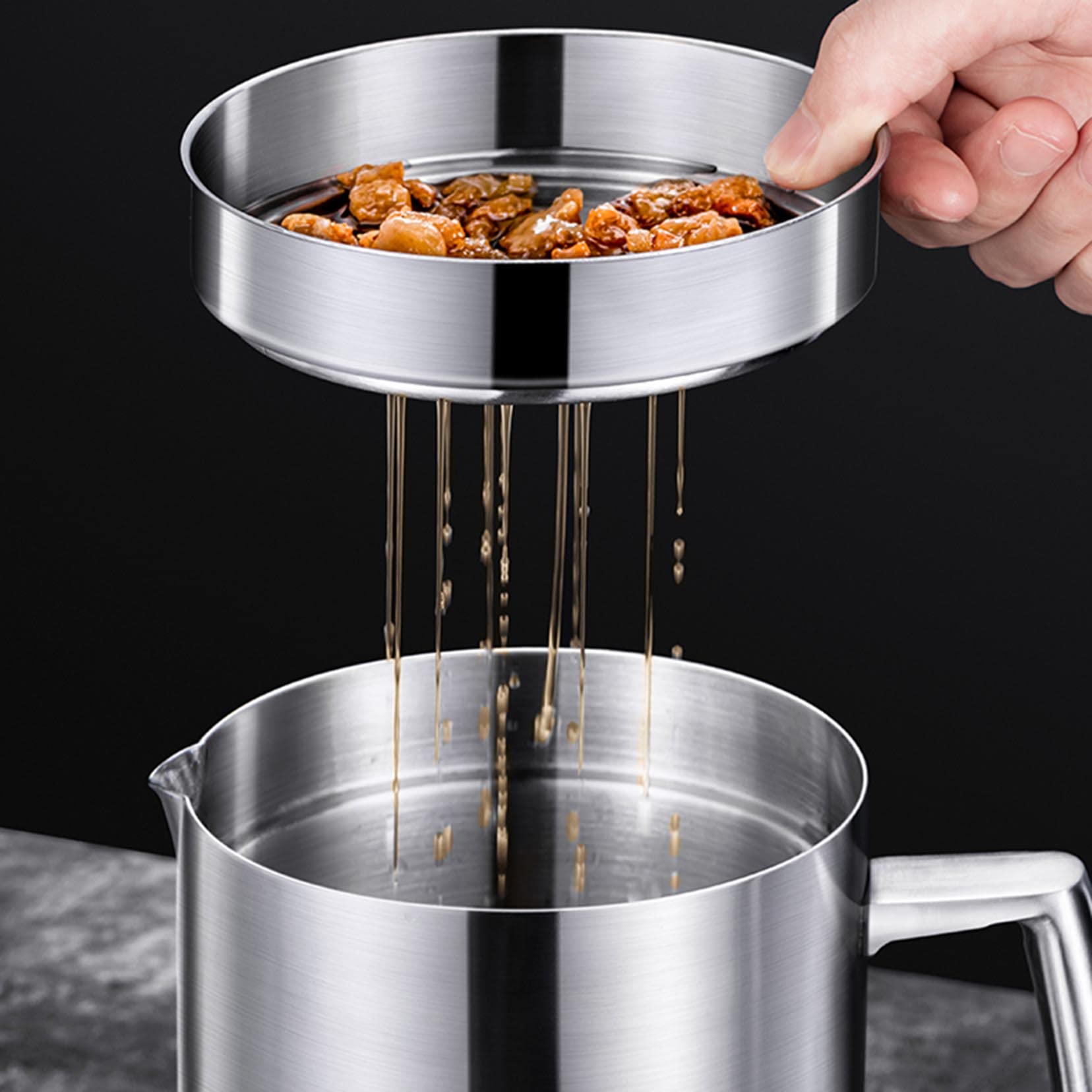 ESNY Home Pojemnik na olej z sitkiem, pojemnik na tłuszcz, 1,2 l/1,5 l, pojemnik do przechowywania oleju ze stali nierdzewnej, z sitkiem o drobnych oczkach, pyłoszczelna pokrywka do przechowywania
