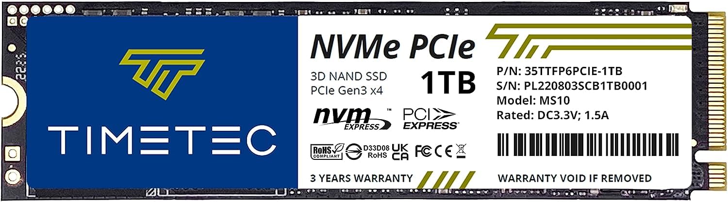 Amazon | Timetec 1TB M.2 2280 NVMe PCIe Gen3x4 8Gb / 秒 3D NAND