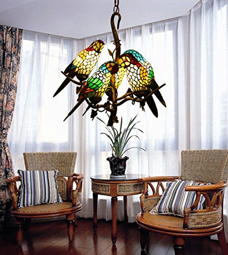 Makernier Tiffany Style Chandelier Ceiling Light Fixture Hanging Pendant Light Stained Glass Vintage Antique Style 5-Light Parrots Tree Branch For Living Room Bedroom Cafe Bar Studio Home Decor #TOP1