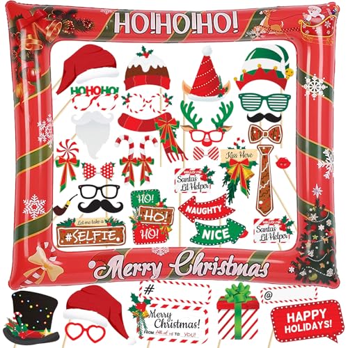 39Pcs Red Merry Christmas Inflatable Selfie Photo Frame & Photo booth Props Set for Pictures & Decors Xmas Selfie Props Blow Up Photo Frame for Winter Holiday Christmas New Year Party Supplies