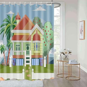 Blue Theme Cartoon House Palm Tree Shower Curtain 60x72 | Cartoon House Palm Tree Print On Blue Backdrop, Polyester Curtain With Hooks For Bathroom Bathtub Decor