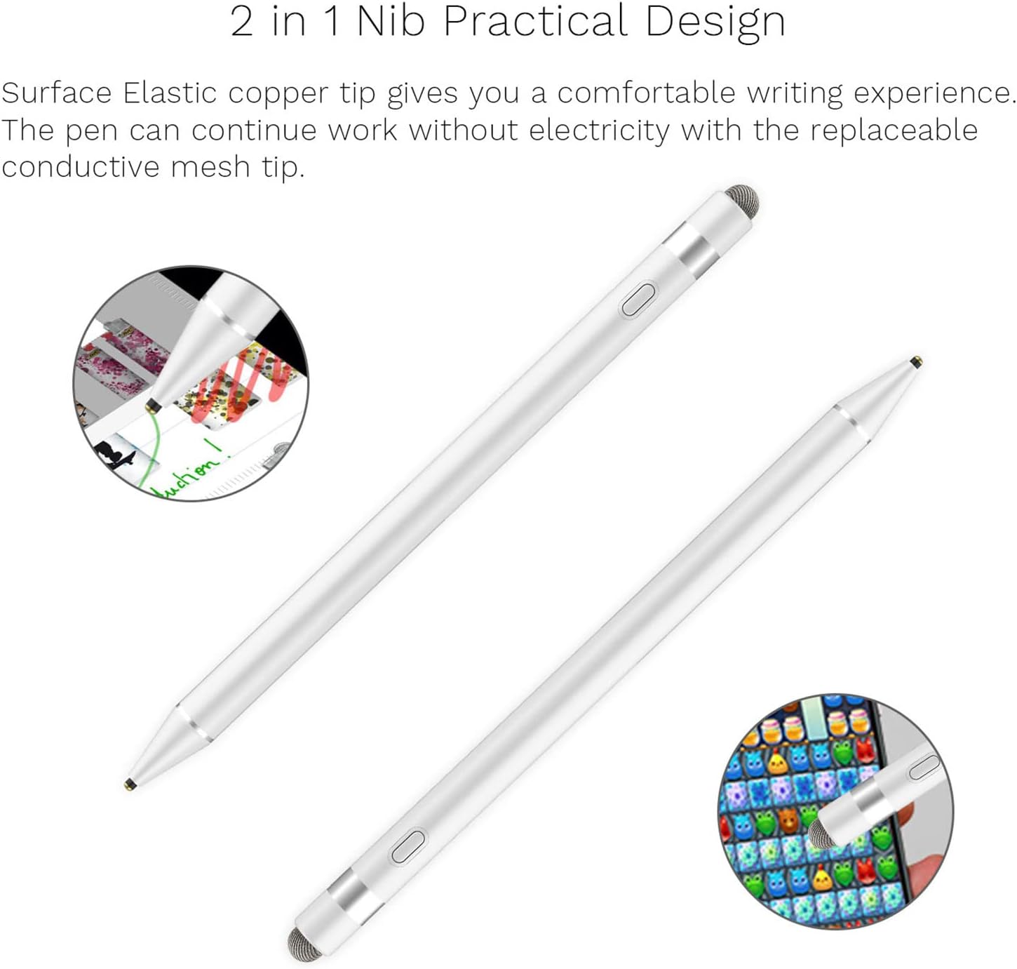 Stylus Pen Compatible for Apple iPad, Adrawpen Rechargeable Active Stylus Pen with 2 in 1 Copper & Mesh Fine Tip, 5 Mins Auto Off Smart Pencil Digital Pen for iPad/iPhone/iPad Pro &Android-White